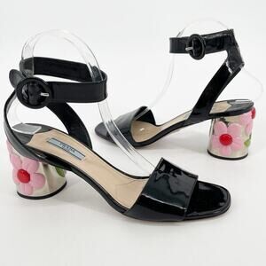 Prada Black Patent Leather Ankle Strap Flower Block Heel Sandal size IT 40